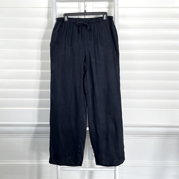 ecru Dark Blue Elastic Drawstring Waist Wide Leg 100% Cupro Pants | Large - Picture 1 of 8